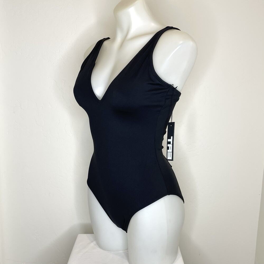 TAE Plungey One Piece Swimsuit Womens Small Regular Long Black Lace Up The Back